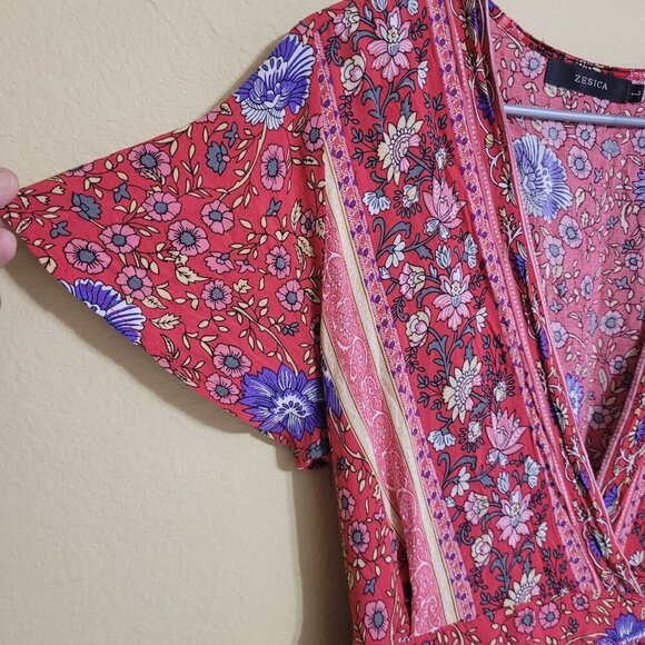 Zesica Womens Floral Midi Boho Wrap Short Sleeve Dress Gypsy Hippie Peasant M - Picture 3 of 7